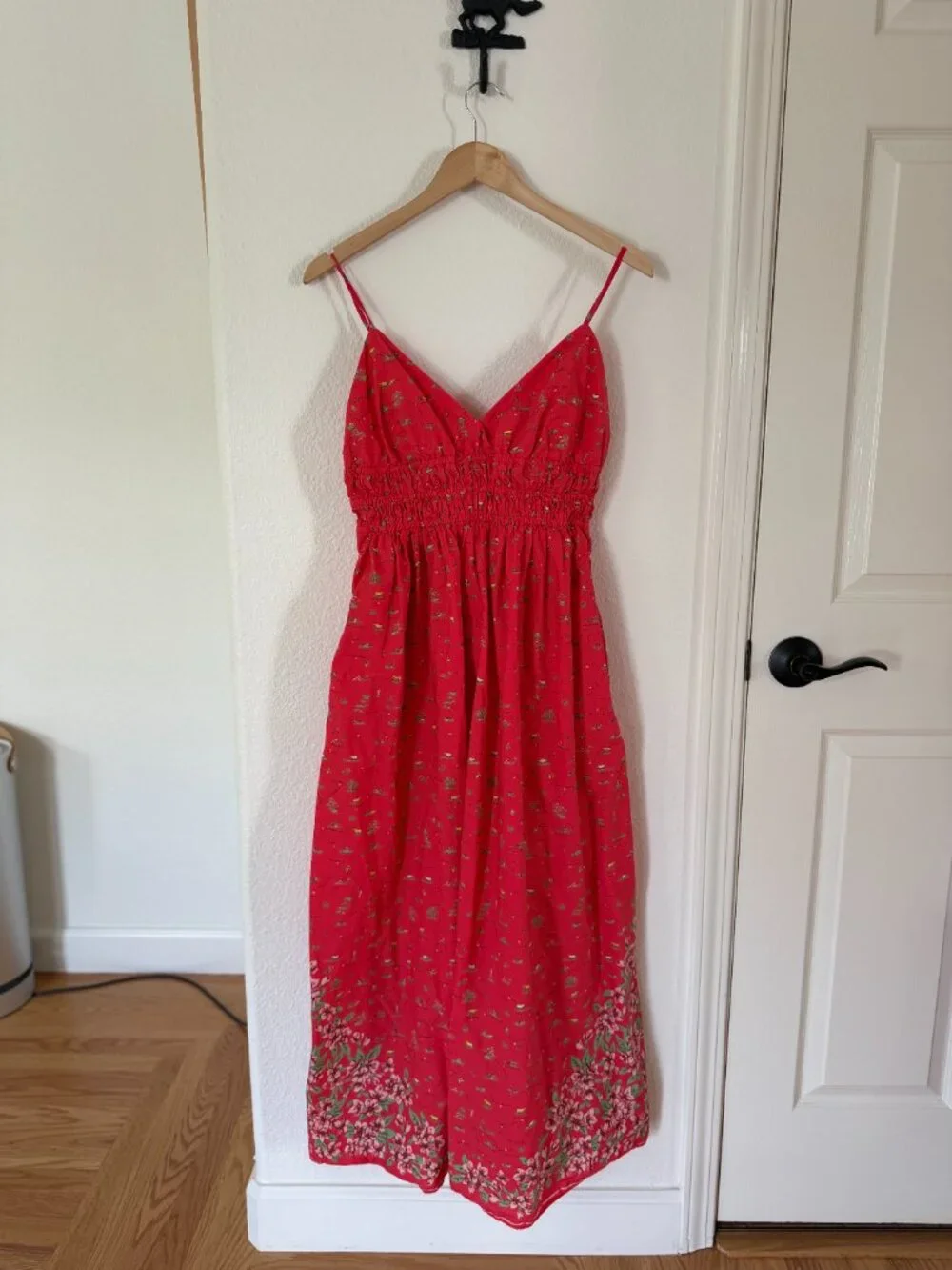 J. Crew Smocked-Waist V-Neck Dress in Red California Poppy Map Print Size 12